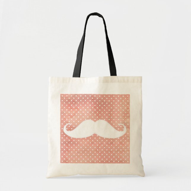 Funny White Moustache On Pink Polka Dots Pattern Tote Bag (Front)