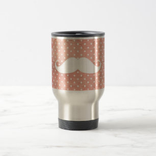 Funny White Moustache On Pink Polka Dots Pattern Travel Mug