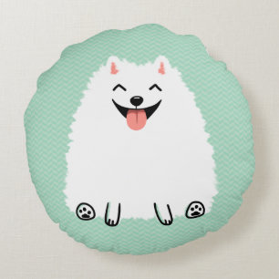 Funny White Pomeranian Cute Smiling Pom Round Pillow