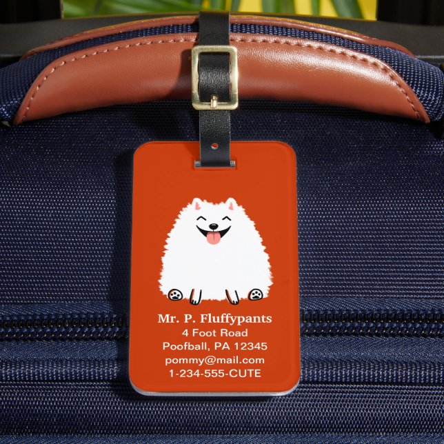 Funny White Pomeranian with Customizable Text Luggage Tag (Front Insitu 2)