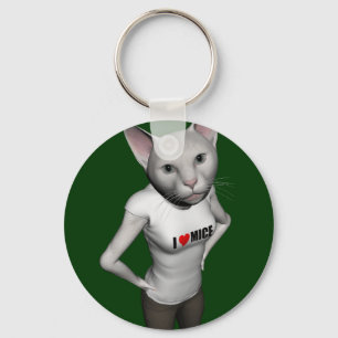Funny White Siamese Cat Loves Mice Keychain