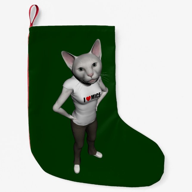 Funny White Siamese Cat Loves Mice Small Christmas Stocking (Front)