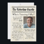 Funny Who's Turning Fifty Newspaper 50th Birthday Invitation<br><div class="desc">Celebrate turning 50 in headline-worthy style with this vintage newspaper-themed birthday invitation! Set on an aged paper background, the design mimics an old-school newspaper layout, complete with fun, article-style party details. At the top, the title reads "The [Name] Gazette", followed by the bold headline "Who's Turning Fifty?"—perfect for marking a...</div>