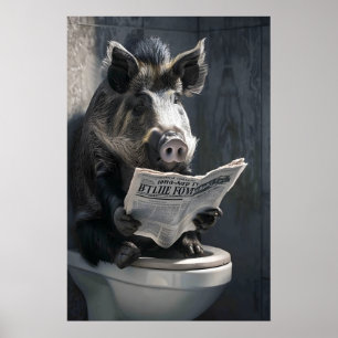 Funny Wild Boar Bathroom Print, Newspaper Toilet Poster