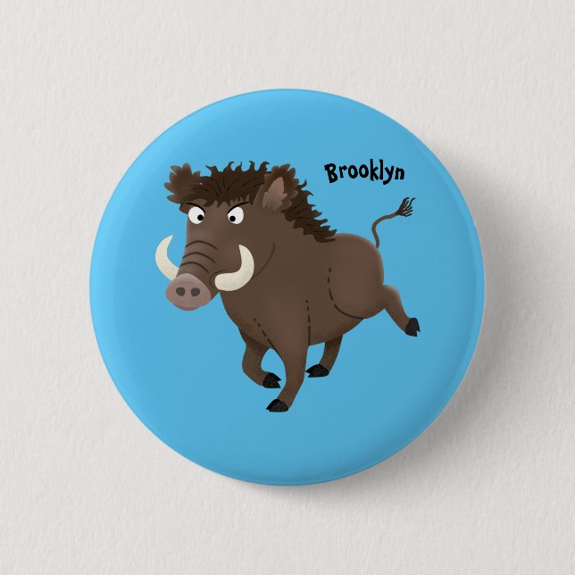 Funny wild boar razorback cartoon illustration 2 inch round button (Front)