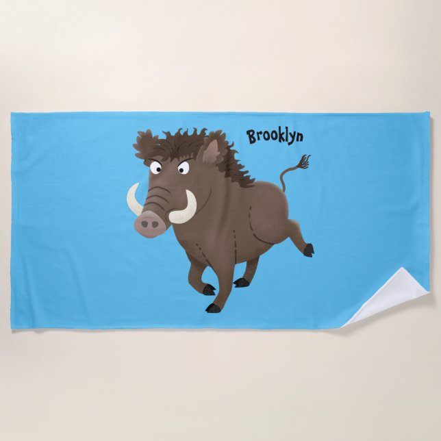 Funny wild boar razorback cartoon illustration beach towel (Front)