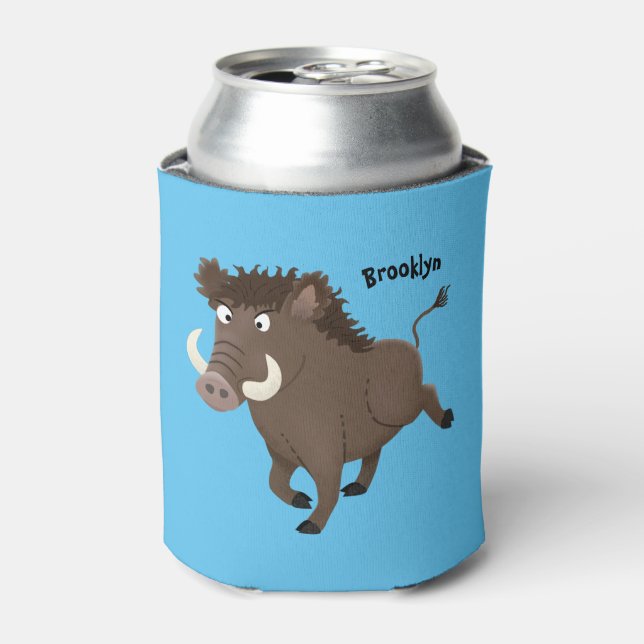 Funny wild boar razorback cartoon illustration can cooler (Can Front)
