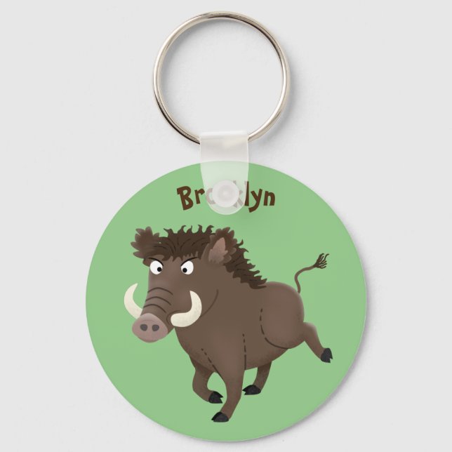 Funny wild boar razorback cartoon illustration keychain (Front)