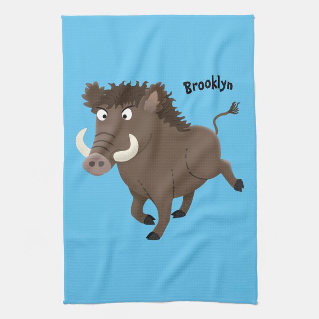 Funny wild boar razorback cartoon illustration  kitchen towel (Vertical)