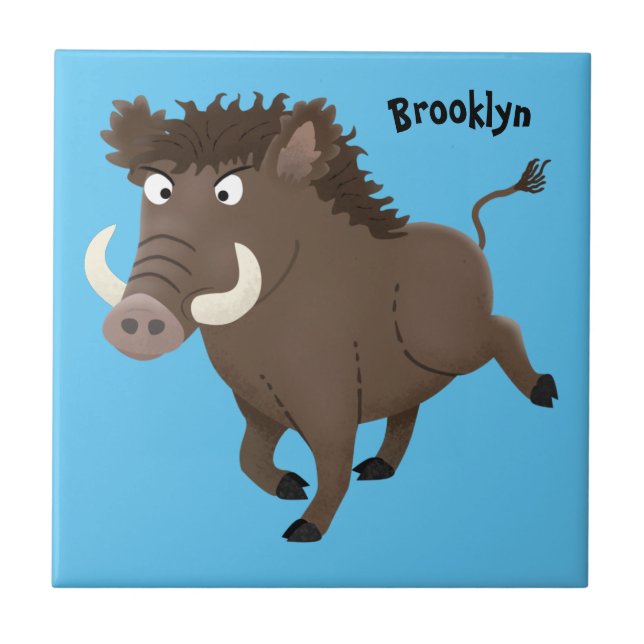 Funny wild boar razorback cartoon illustration tile (Front)