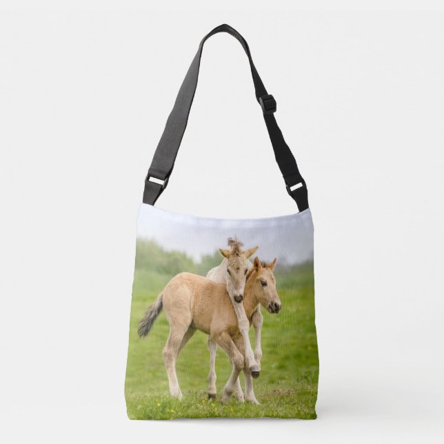 Funny Wild Konik Horses Foals Playing Together - Crossbody Bag (Front)