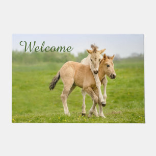 Funny Wild Konik Horses Foals Playing - Welcome - Doormat