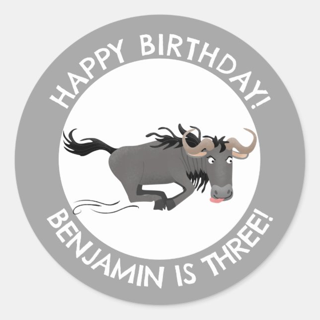 Funny wildebeest personalized cartoon birthday classic round sticker (Front)