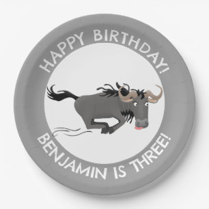 Funny wildebeest personalized cartoon birthday paper plate