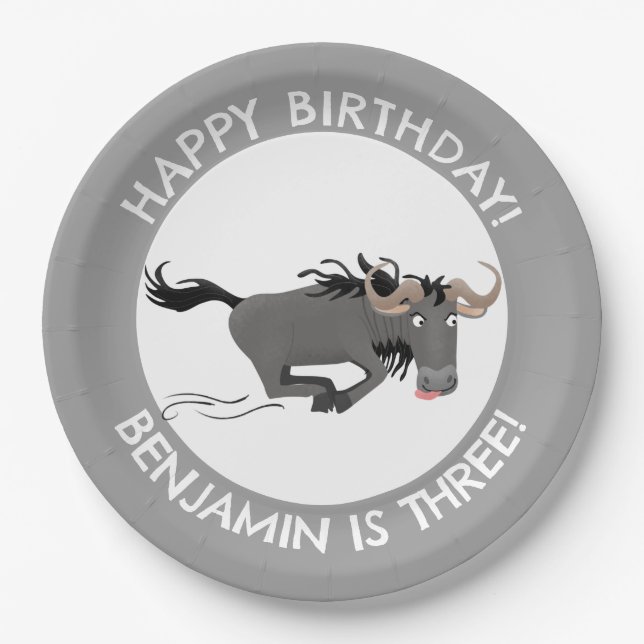 Funny wildebeest personalized cartoon birthday paper plate (Front)