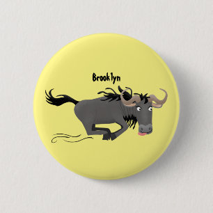 Funny wildebeest running cartoon illustration 2 inch round button