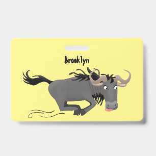 Funny wildebeest running cartoon illustration badge