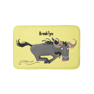 Funny wildebeest running cartoon illustration bath mat