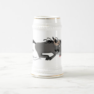Funny wildebeest running cartoon illustration beer stein
