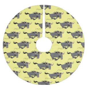 Funny wildebeest running cartoon illustration brushed polyester tree skirt