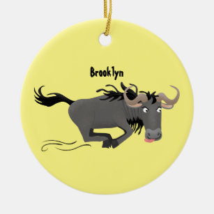Funny wildebeest running cartoon illustration ceramic ornament