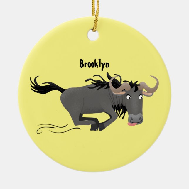 Funny wildebeest running cartoon illustration ceramic ornament (Front)