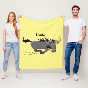 Funny wildebeest running cartoon illustration  fleece blanket
