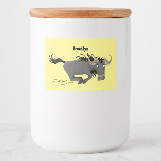 Funny wildebeest running cartoon illustration  food label (Front)