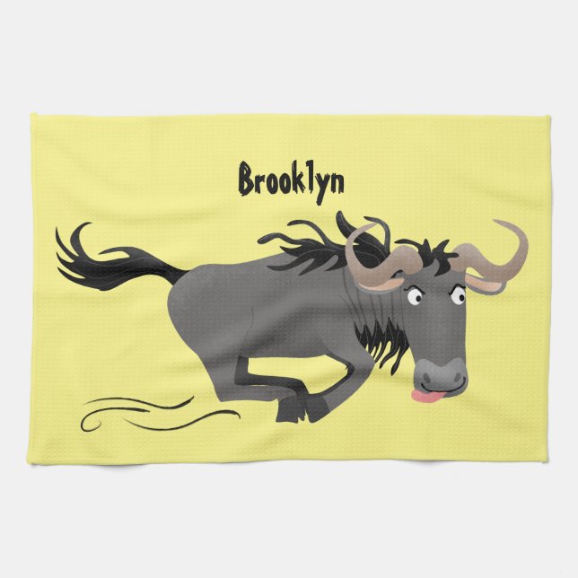 Funny wildebeest running cartoon illustration kitchen towel (Horizontal)