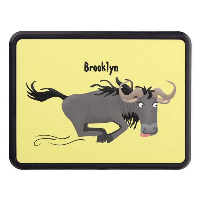 Funny wildebeest running cartoon illustration trailer hitch cover (Front)
