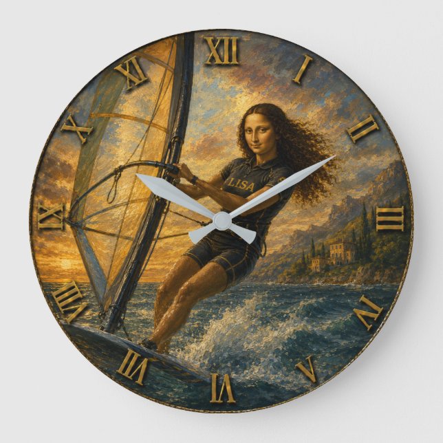 Funny Windsurfing Mona Lisa Sailing Ocean Gift Large Clock (Front)