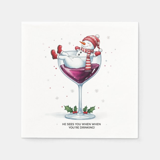 Funny wine drinking snowman Holiday party  Napkin (Front)