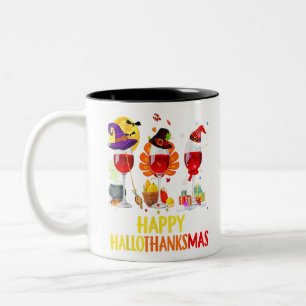 Funny Wine Glass Thanksgiving Happy Hallothanksmas Two-Tone Coffee Mug
