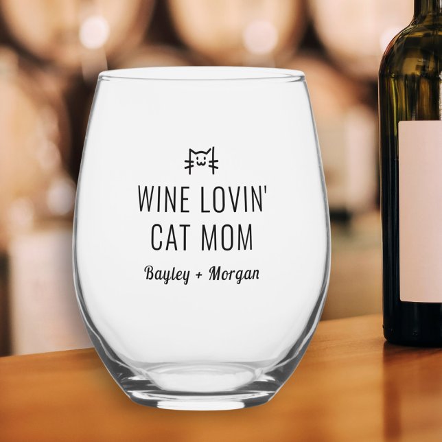 Funny Wine Loving Cat Mom Personalized Names Stemless Wine Glass (Creator Uploaded)