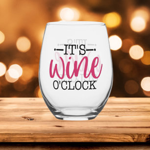 Funny wine o'clock word art stemless wine glass