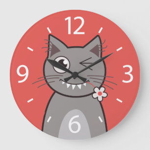 Funny Winking Cartoon Kitty Cat Large Clock