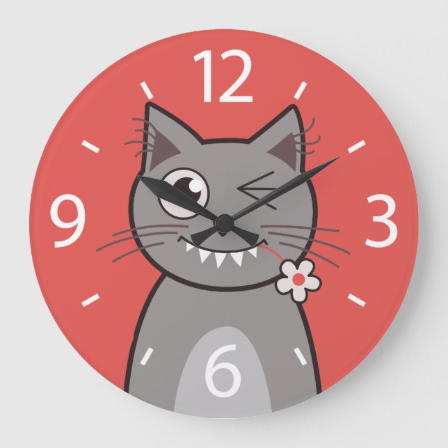 Funny Winking Cartoon Kitty Cat Large Clock (Front)