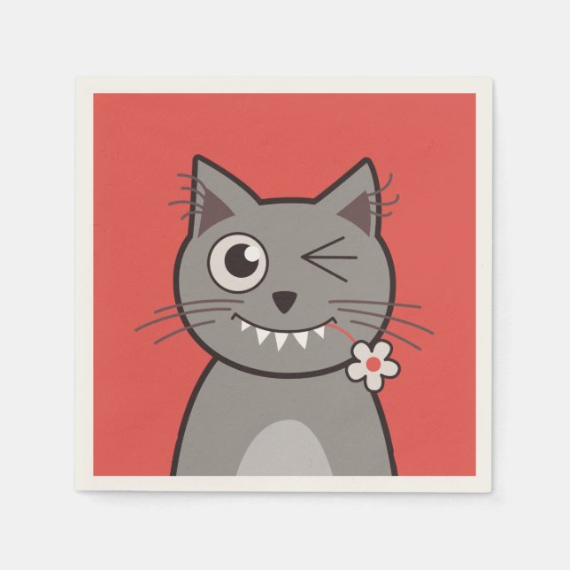 Funny Winking Cartoon Kitty Cat Napkin (Front)