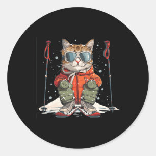 Funny Winter Cat With Cross-country Skiing For Hol Classic Round Sticker