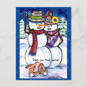 Funny Winter Christmas Snowman Rabbits Carrot Nose Postcard
