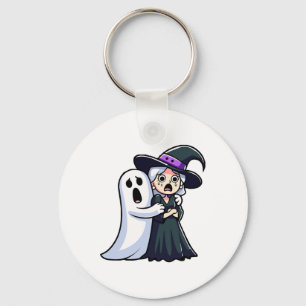 Funny Witch And Ghost Scared Face Halloween Couple Keychain
