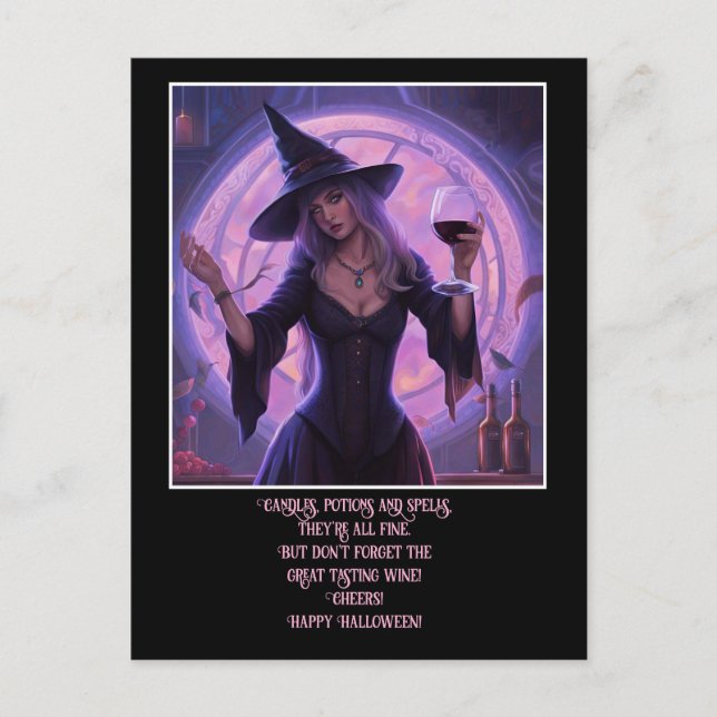 Funny Witch and Wine Happy Halloween Holiday Postcard (Front)