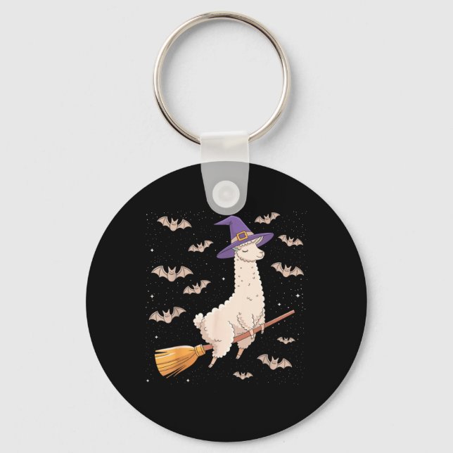 Funny Witch Broomstick Llama Lovers Spooky Keychain (Front)