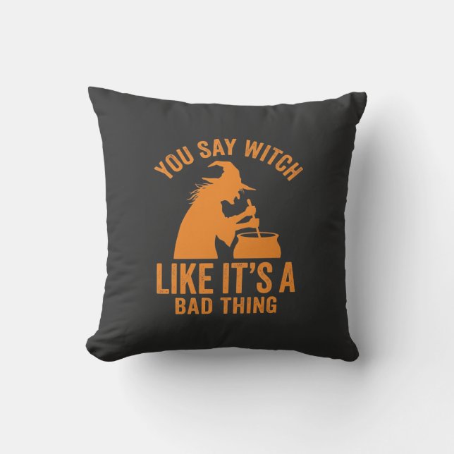 Funny Witch Cauldron Halloween Throw Pillow (Front)