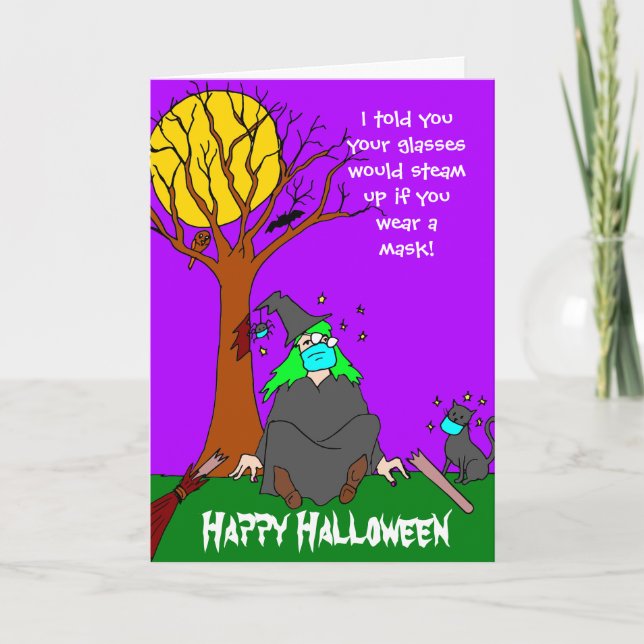 Funny Witch Face Mask Halloween Card (Front)