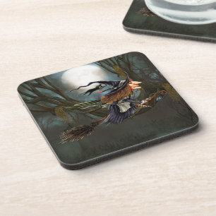Funny Witch Flying on Broomstick Halloween Coaster