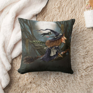 Funny Witch Flying on Broomstick Halloween Throw Pillow