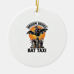 Funny Witch Halloween Broom Broke Bat Ride_1 Ceramic Ornament