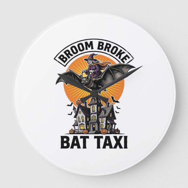 Funny Witch Halloween Broom Broke Bat Ride_1 Large Clock (Front)