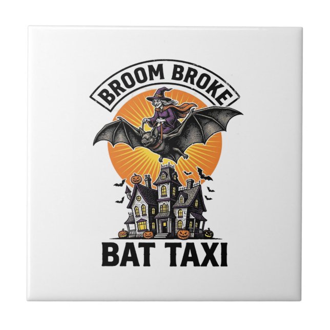 Funny Witch Halloween Broom Broke Bat Ride_1 Tile (Front)
